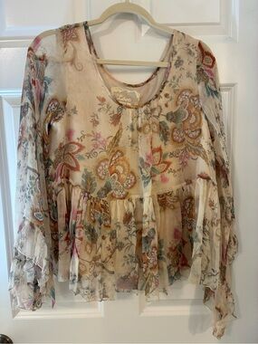 Johnny Was Sheer Floral Peasant Blouse in Cream Multi